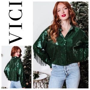 NWT Life is a Fiesta Sequin Fringe Jacket - Green Sz: XS